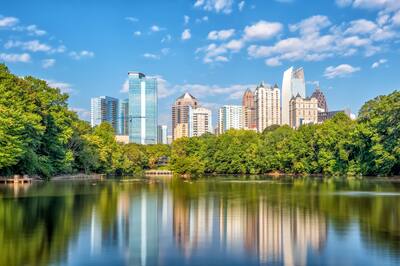 Skyline of Atlanta reflected in a pond