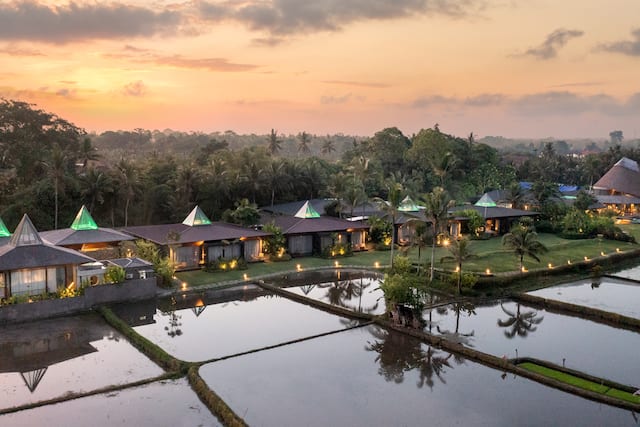 Aerial View of Hotel Exterior at Sunset