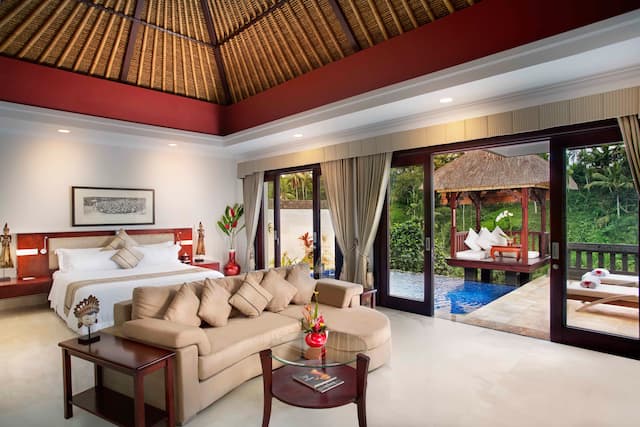 Terrace Pool Villa Bedroom with a Large Bed, Sofa and a Terrace with Pool
