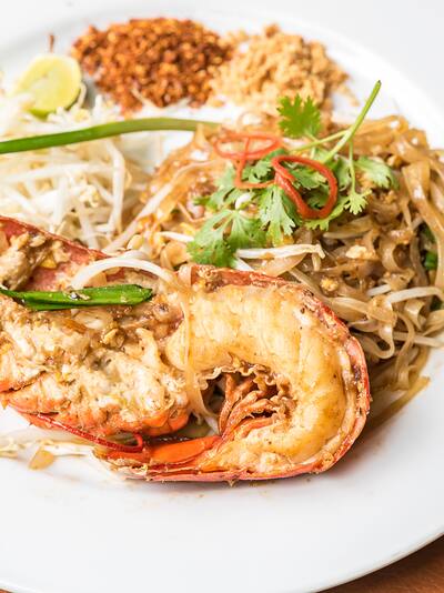 Plate of pad thai with shrimp